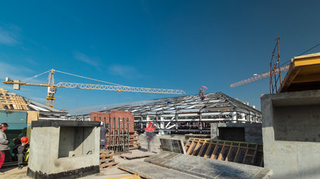Builders and carpenters working on the roof timelapse