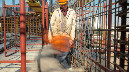 Construction workers working on steel rods used to reinforce concrete timelapseの写真素材