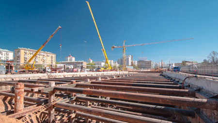 A large huge ditch pit tunnel timelapse at the construction site of the underground metro station...