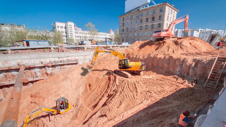 A large huge ditch pit tunnel timelapse at the construction site of the underground metro station...