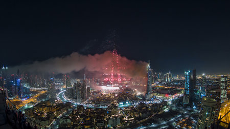 Dubai Burj Khalifa New Year fireworks celebration timelapse and the Fire accident at Dubai, UAE.