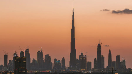 Skyline of Downtown Dubai day to night timelapse.の写真素材