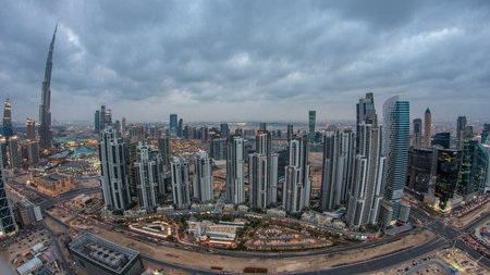 Dubai Sheikh Zayed Road day to night timelapse near Dubai Downtown Closer Look shows the density of these roadsの写真素材