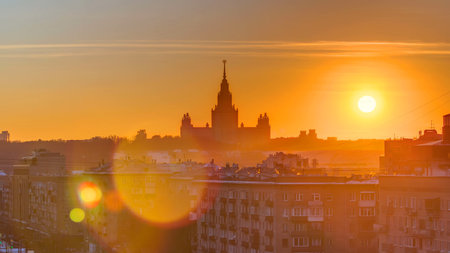 Sunset Moscow State University in winter timelapseの写真素材