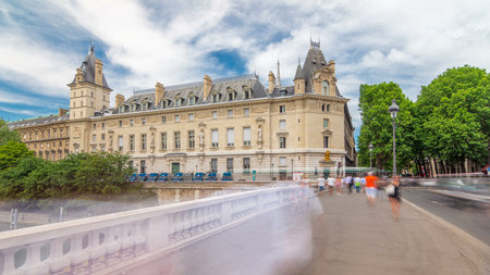 Building of Cour de cassation and traffic on Saint-Michel bridge timelapse hyperlapse in Paris, Franceの写真素材