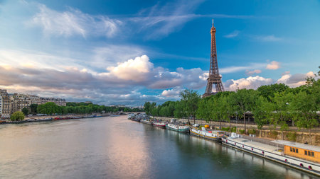 Eiffel Tower with boats at the evening timelapse hyperlapse Paris, France