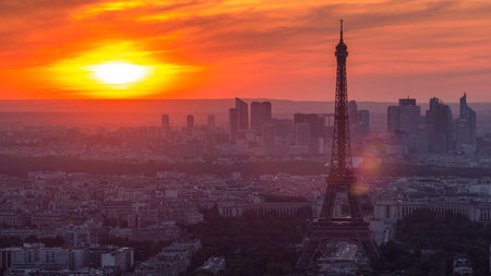 Panorama of Paris at sunset timelapse. Eiffel tower view from montparnasse building in Paris -...