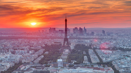 Panorama of Paris at sunset timelapse. Eiffel tower view from montparnasse building in Paris -...