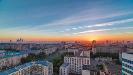 Residential buildings, Stalin skyscrapers and panorama of city at sunrise timelapse in Moscow, Russiaの写真素材