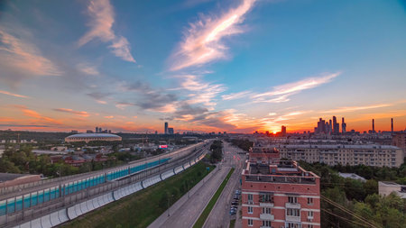 The Third Ring Road at sunset timelapse aerial view from rooftop. Moscow, Russia.の写真素材