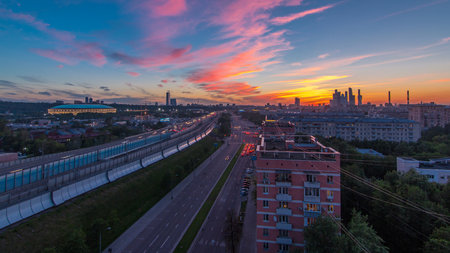 The Third Ring Road after sunset day to night timelapse aerial view from rooftop. Moscow, Russia.の写真素材