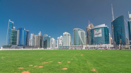 Panoramic timelapse hyperlapse view of business bay and downtown area of Dubaiの写真素材