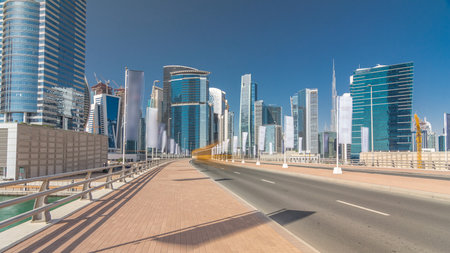 Panoramic timelapse hyperlapse view of business bay and downtown area of Dubaiの写真素材
