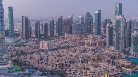 Dubai downtown night to day timelapse. Top view from aboveの写真素材