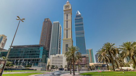 Modern skyscrapers of the skyline along the business center of Sheikh Zayed Road timelapse...