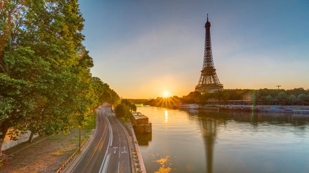 Eiffel Tower and the Seine river at Sunrise timelapse, Paris, Franceの写真素材