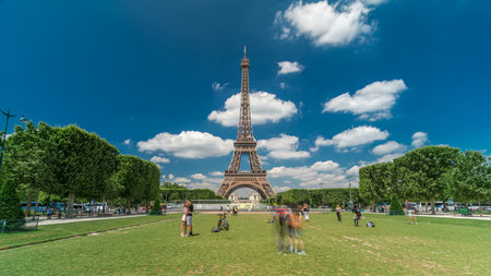 Eiffel Tower on Champs de Mars in Paris timelapse hyperlapse, Franceの写真素材