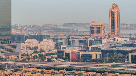 Dubai media city skyscrapers and golf course morning timelapse, Dubai, United Arab Emirates