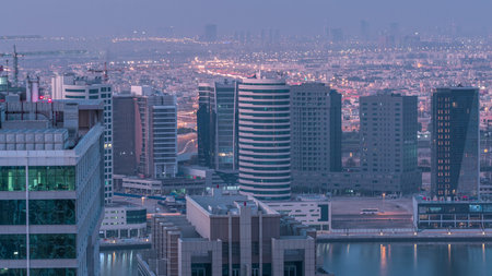 Dawn in big city Dubai from night to morning transition aerial timelapseの写真素材