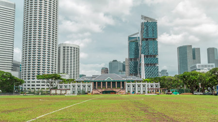 Skyline with Singapore Recreation Club and skyscrapers on background timelapse hyperlapse