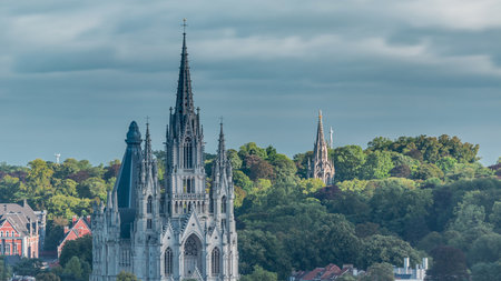 Aerial view of Notre Dame de Laeken church spires timelapse in Brussels, Belgium.の写真素材