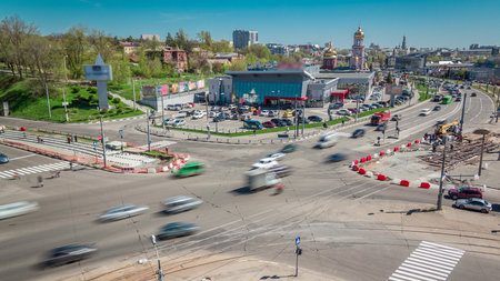 Repair works on the street aerial timelapse. Laying of new tram rails on a city street.の写真素材
