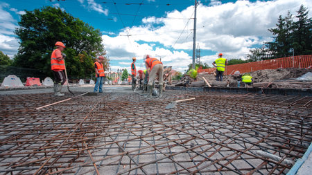 Road construction site with tram tracks repair and maintenance timelapse hyperlapse.