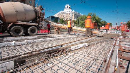 Road construction site with tram tracks repair and maintenance timelapse hyperlapse.の写真素材