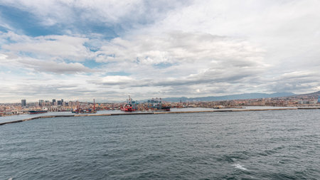 Aerial view of sea with waves and port from ship sailing in the open sea timelapseの写真素材