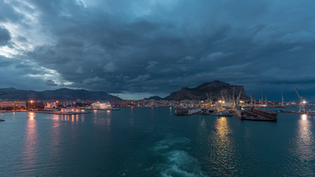 Aerial view of sea with waves and port from ship sailing in the open sea timelapseの写真素材
