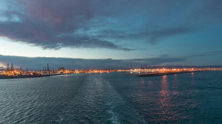 Aerial view of sea with wawes and port from ship sailing in the open sea timelapseの写真素材