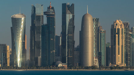 Skyline of Doha timelapse in Qatar in the very early morning