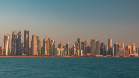 Skyline of Doha timelapse in Qatar in the very early morningの写真素材