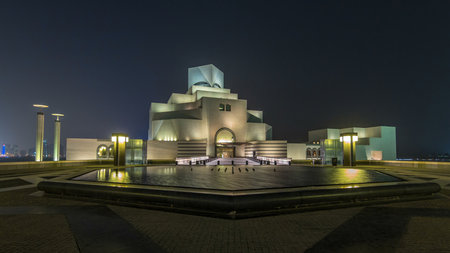 Beautiful Museum of Islamic Art night timelapse hyperlapse in Doha, Qatar.