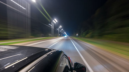 Drivelapse from top Side of Car moving on a night highway timelapse hyperlapse