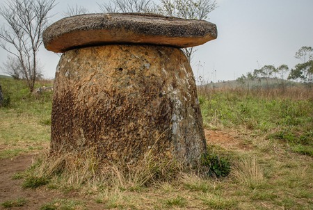 Mysterious ancient stones at sarchaeological site,and area of U.S. bombings during Vietnam war.near Phonsovan,Laosの写真素材