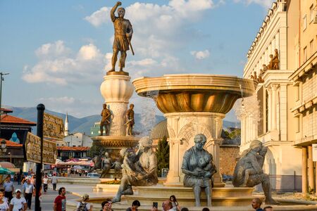 SKOPJE,NORTH MACEDONIA/AUGUST 22 2018: View from Stone Bridge,Skopje.Looking east towards Old Bazaar,fountains,mosque and statues.のeditorial素材