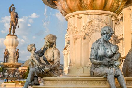 SKOPJE,NORTH MACEDONIA/AUGUST 22 2018: Statues and fountains representing the life of Alexander the great,including his mother and Philip II, his father.Near Old Bazaar,Skopje city center.のeditorial素材