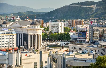 SKOPJE,NORTH MACEDONIA-AUGUST 23 2019:Hilltop view oveelooking Skopie city center,towards Stone Bridge and Macedonia Square.のeditorial素材