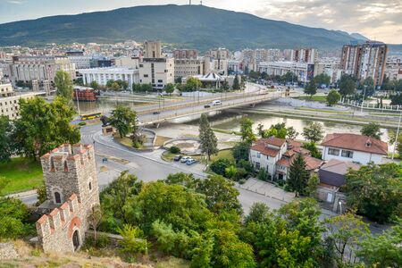 SKOPJE,NORTH MACEDONIA-AUGUST 23 2019:Hilltop view oveelooking Skopie city center,towards Stone Bridge and Macedonia Square.のeditorial素材
