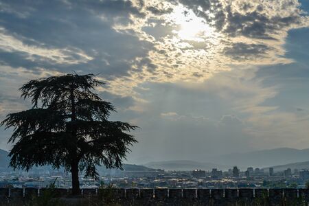 Silhouetted before the sunset.The fortress,known as Kale, is located in Centar municipality and...