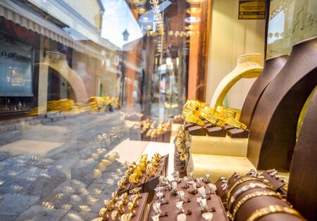 SKOPJE,NORTH MACEDONIA-AUGUST 23 2019: Jewellery shop window display along a shopping street in Old Bazaar district..のeditorial素材