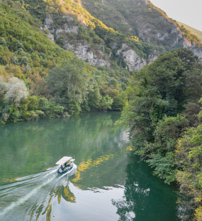 At Matka Canyon,near Skopje visitors take boat trips that travel along the Treska river and waters...