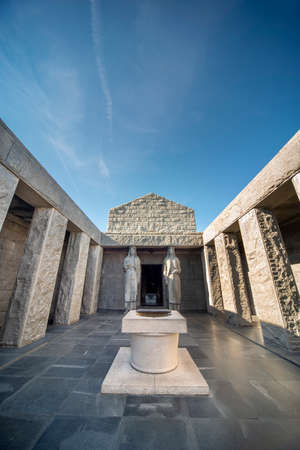 Marble tiled floor and two Caryatid statues of Montenegrins standing at the entrance to the small chamber,monument and remains of Njegos insideのeditorial素材