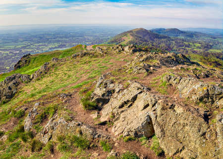 Looking south along the ridge of the Malvern Hills,in the morning sunshine in the month of June.の写真素材