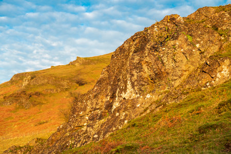 At dawn with saturated, warm winter sunlight and blue sky, with wild grasses growing near rocks in the foreground and long Mynd in the background.の写真素材