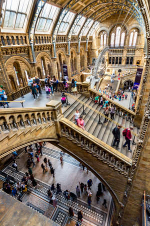 London,England,UK-August 21 2019:Inside the main hall,the famous skeleton of a female Blue Whale...
