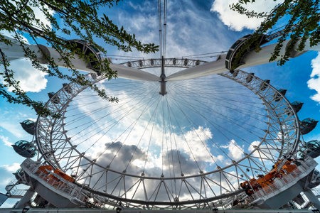 Lonon,England,UK-August 21 2019: Low,wide angled perspective of the London Eye,on the South Bank of...
