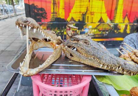 Crocodile meat for sale,skewered onto bamboo sticks,the dried heads on a silver tray, used to advertise the popular Thai meat,for sale near to a temple.の写真素材