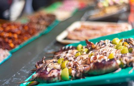 Raw squid,onion and other seafood morsels,colorfully displayed and arranged for customers to buy at local night food market,before cooking fast,over hot charcoal grills.の写真素材